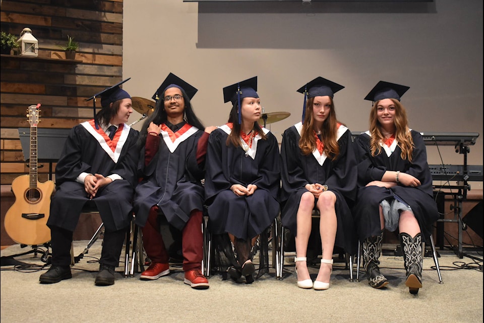 The graduating class of 2023. (L to R) Cole Livesey, Damian Gooding, Christine Edwards, Isabella Marlatt, Katerina Enns. (Kemone Moodley/Hope Standard)