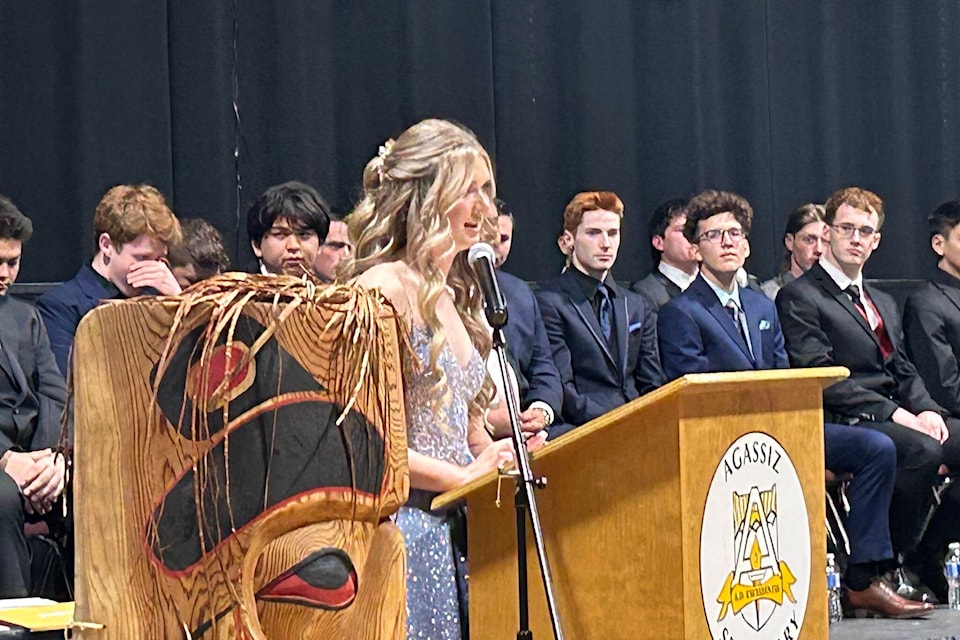 Valedictorian Kylie Gerrard addresses the audience at AESS’s grad ceremony on Friday, June 2.