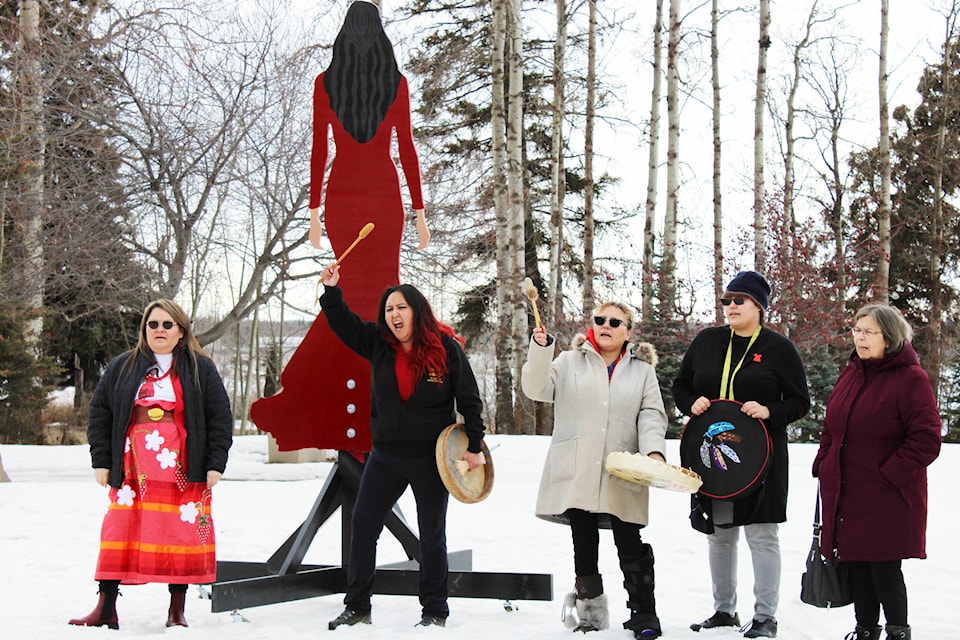 Women brought drums and sang in honour of MMIWG at Spirit Square in Fort St. James on International Women’s Day. (Photo by Michael Bramadat-Willcock)