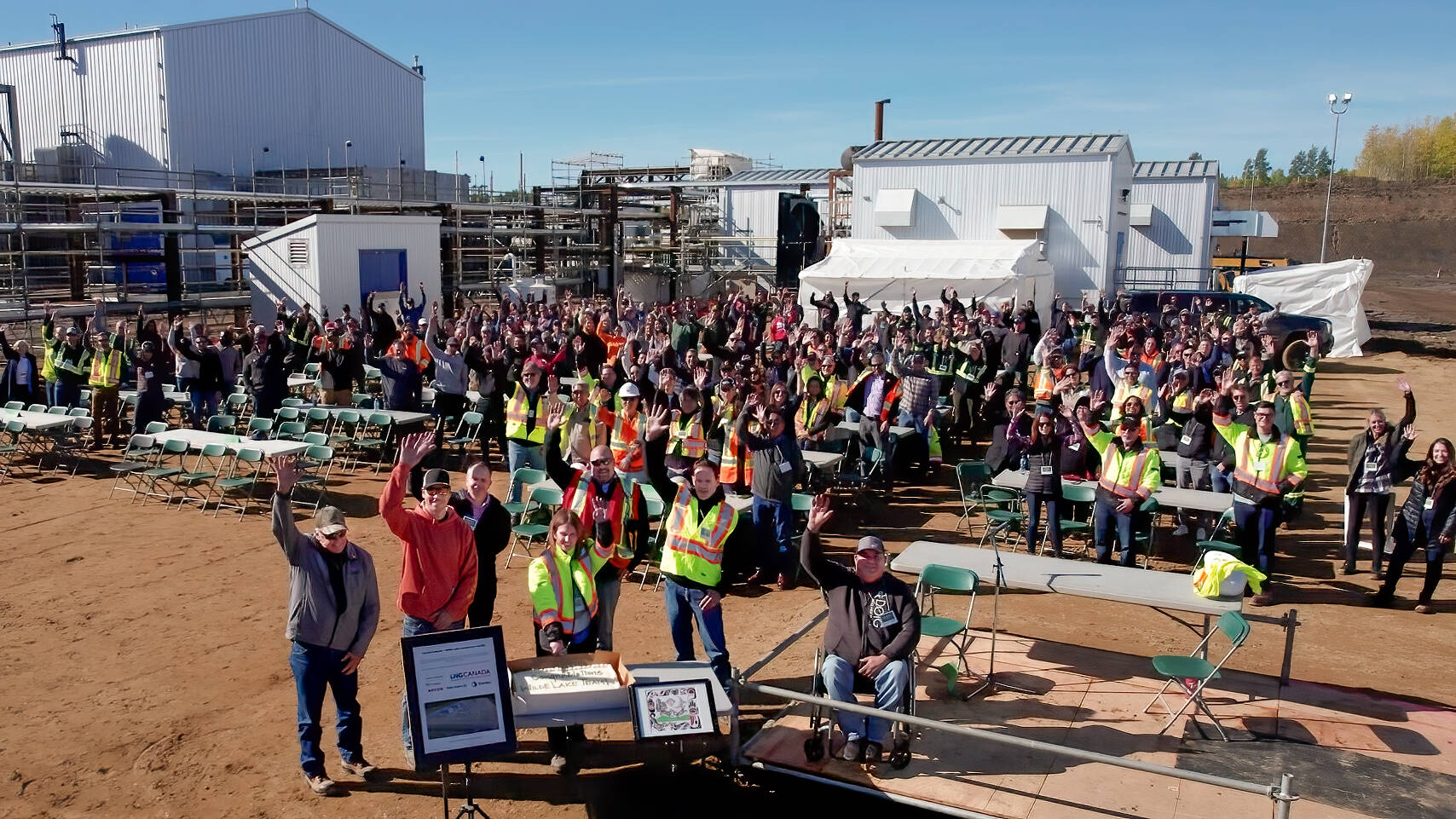 The Coastal GasLink team came together with workers, partners, Indigenous and local community leadership to celebrate the completion of the Wilde Lake Compressor Station, near Dawson Creek. Photo courtesy Coastal GasLink