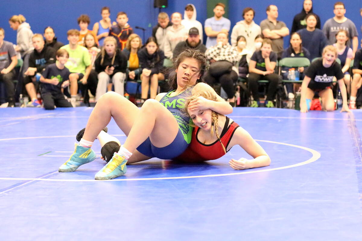 Rui Wang battles an opponent during the QMS Christmas Classic wrestling tournament Saturday, Dec. 10 in Duncan. (Sarah Simpson/Citizen)