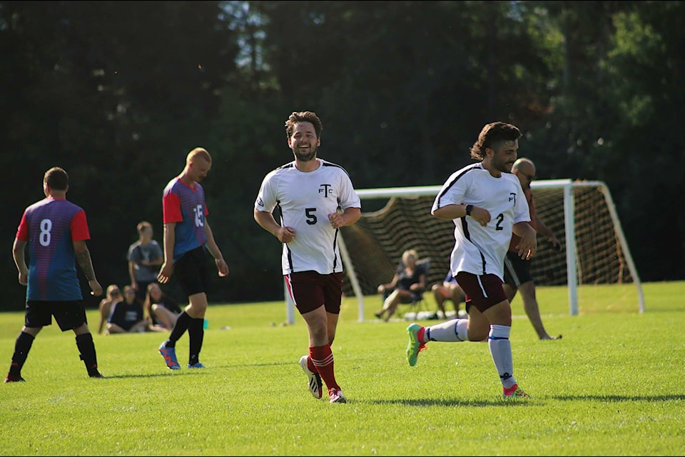 Terrace FC players in action during a thrilling match at Christy Park, part of the 2023 Terrace Riverboat Days soccer tournament. The event marked the team’s hosting debut and the tournament’s return after a pause due to the COVID-19 pandemic. (Meadow Theriault photo)