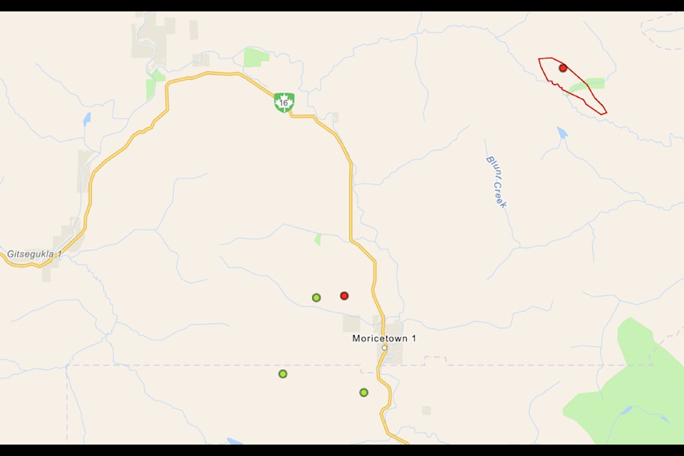 Wildfires in the Witset area as of Monday (Aug. 12) morning. Green indicates under control; red out of control.