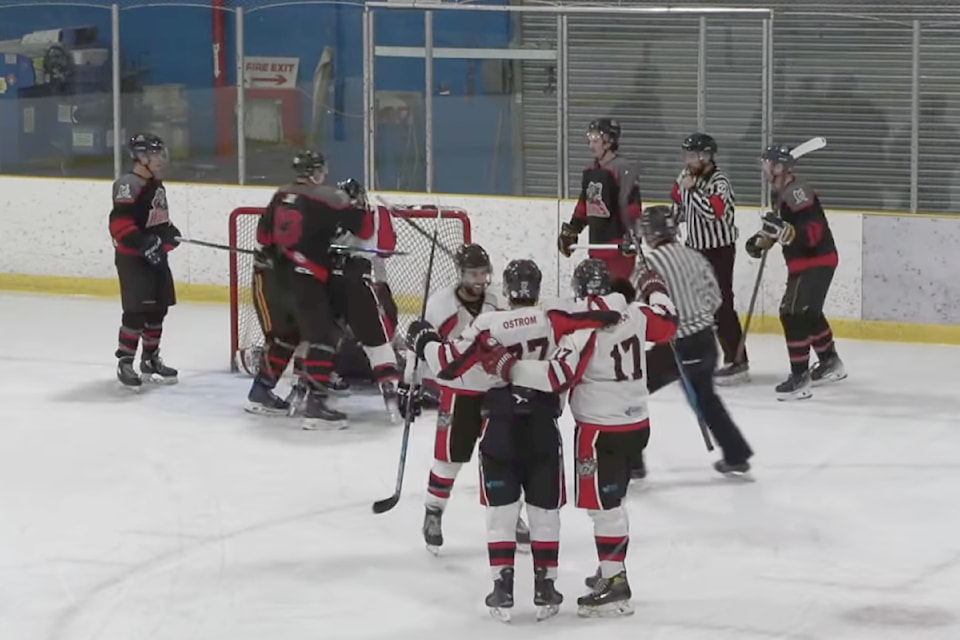 The Prince Rupert Ramage celebrate a goal at home during their victory Feb. 7 against the Hazelton Wolverines in the CIHL western division semi-final series.