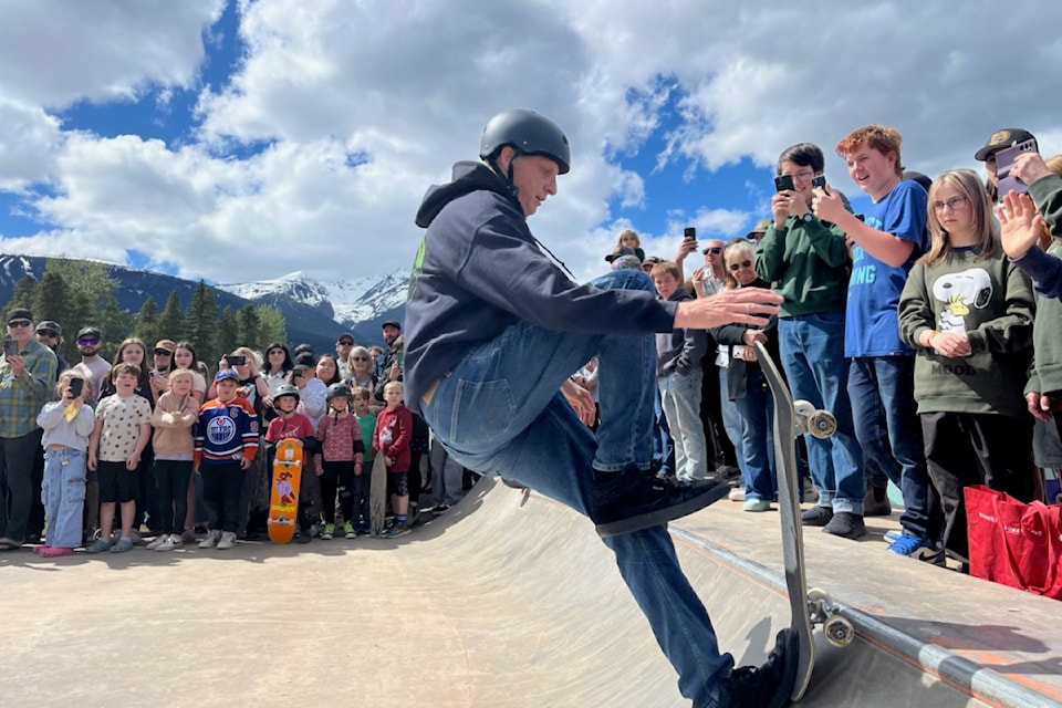 American skateboard legend Tony Hawk shows a huge crowd at the newly renovated Smithers Skate Park that he's still got it at 57.