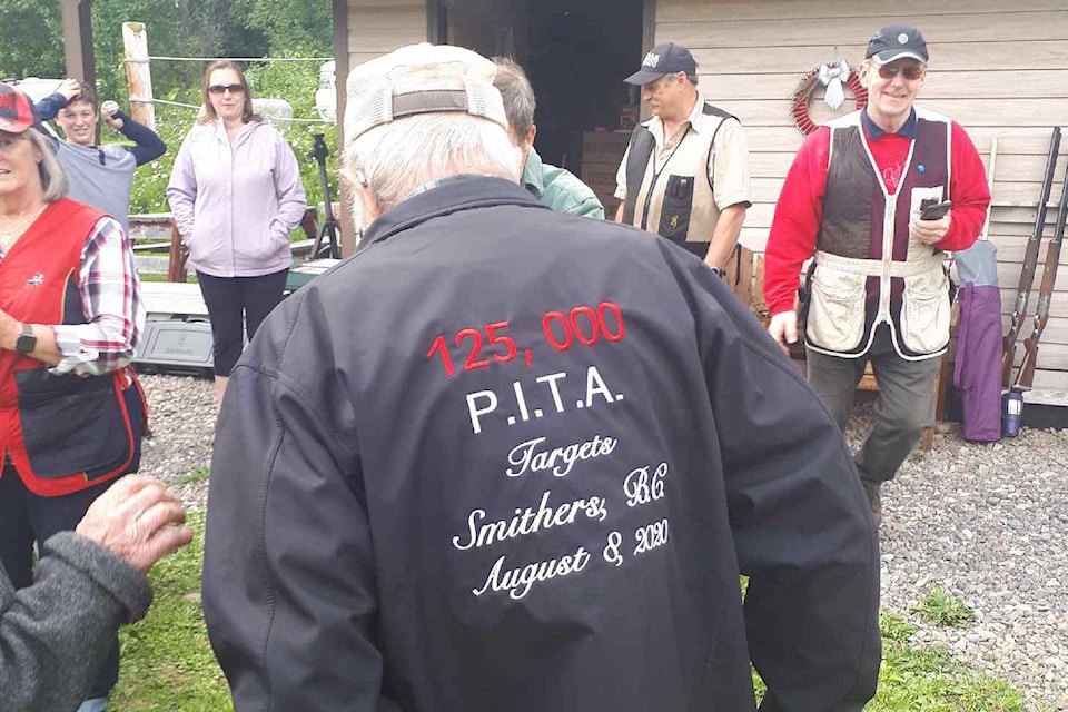 The Bulkley Valley Rod and Gun Club honoured Bob Blackburn’s achievement of 125,000 registered targets with a jacket Aug. 8. (Contributed photo) The Bulkley Valley Rod and Gun Club honoured Bob Blackburn’s achievement of 125,000 registered targets with a jacket Aug. 8. (Contributed photo)