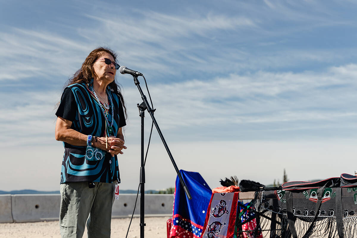 Hereditary Chief Ludooks (Helen Michelle) of the Skin Tyee Nation speaks at a National Indigenous Peoples Day event hosted by her daughter Destiney at 7 Mile Lodge on July 12, 2021.