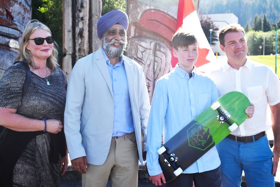 Harjit S. Sajjan, Minister of International Development, announced that Smithers Skate Park Society would be receiving more than $450,000 in funding for their expansion project. Pictured are Sarah Fitzmaurice, Smithers Skate Park Society project manager, Minister Sajjan, Jimmy Fitzmaurice, and Taylor Bachrach, MP for Skeena-Bulkley Valley. (Photo: K-J Millar/The Northern View)