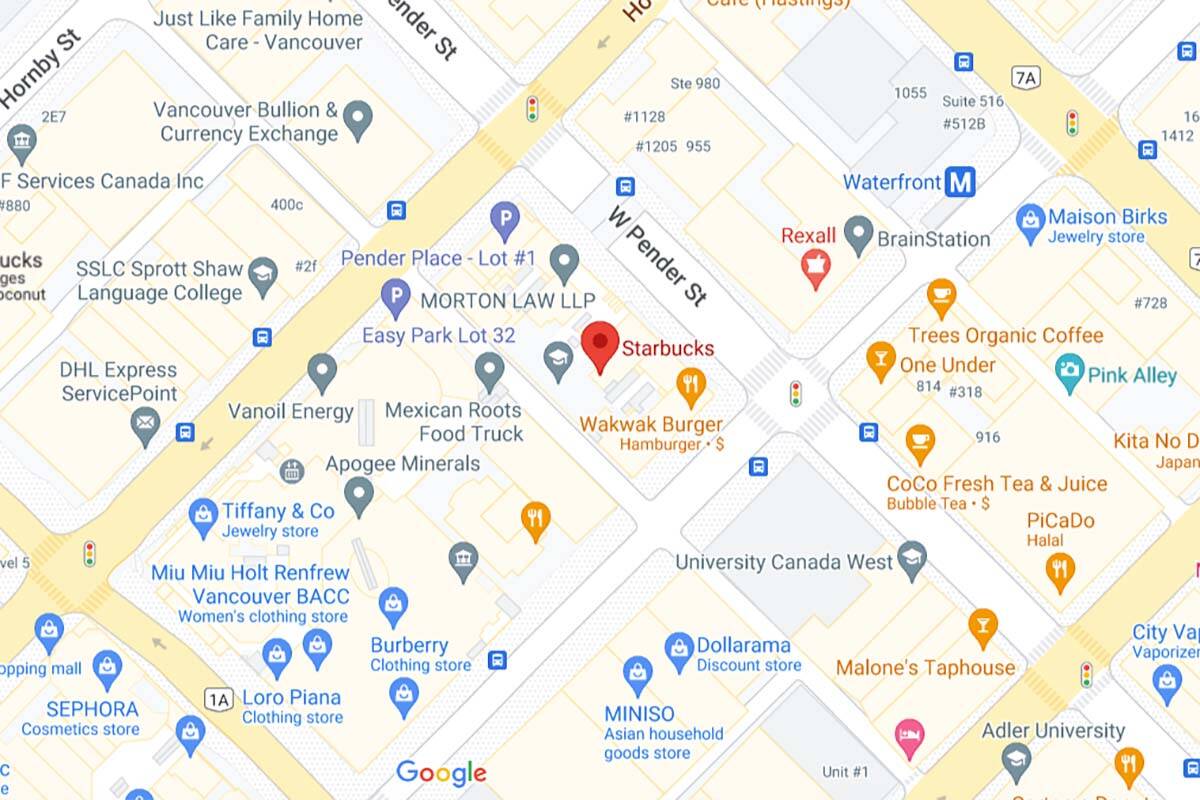 The area around a downtown Vancouver Starbucks where a man was stabbed to death on March 26. (Google Maps)