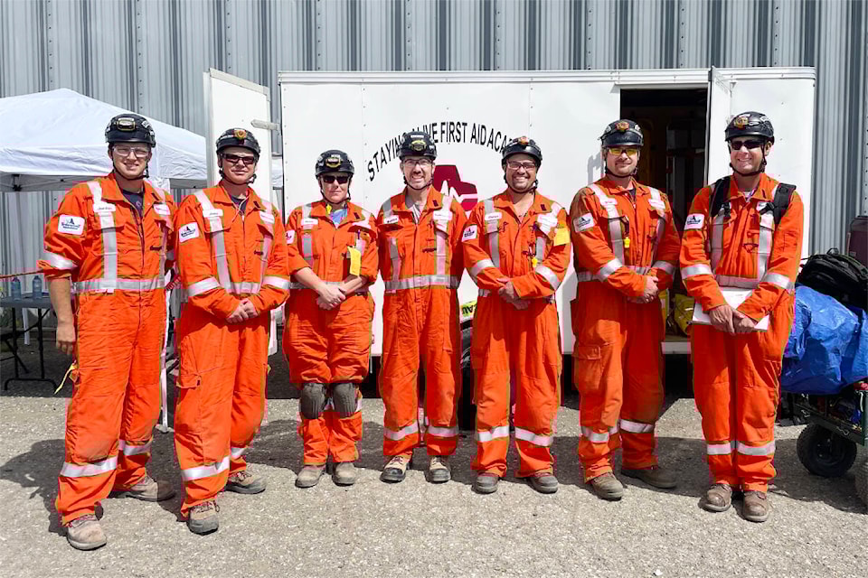 The Gibraltar Mine Ltd. mine rescue team after their first aid practical event. The team took the top spot in the provincial competition for first aid. The team includes: Captain Todd Voth, Vice Captain Jono Neufeld, Brian Getson, Shawn Shaw, Wendell Owen, Heidi Symons and the spare is Jordan Blois. (Ruth Lloyd photo - Williams Lake Tribune)
