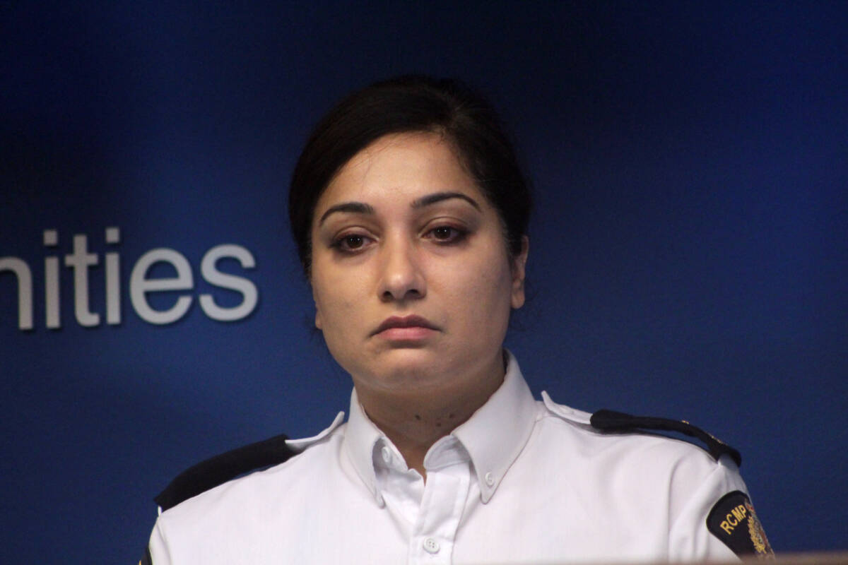 Ridge Meadows RCMP officer-in-charge Wendy Mehat speaks to media at BC RCMP headquarters Friday (Sept. 22) after the death of a Ridge Meadows RCMP officer during a search warrant in Coquitlam earlier in the day. (Lauren Collins)