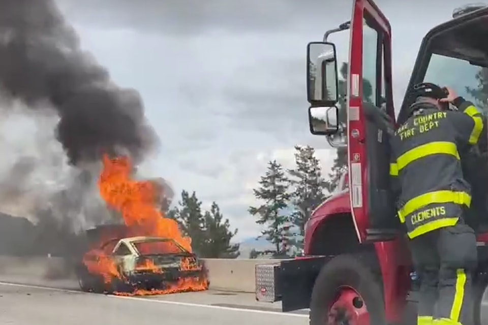 A vehicle fire on Highway 97 north of Lake Country on Aug. 21, 2024. 
