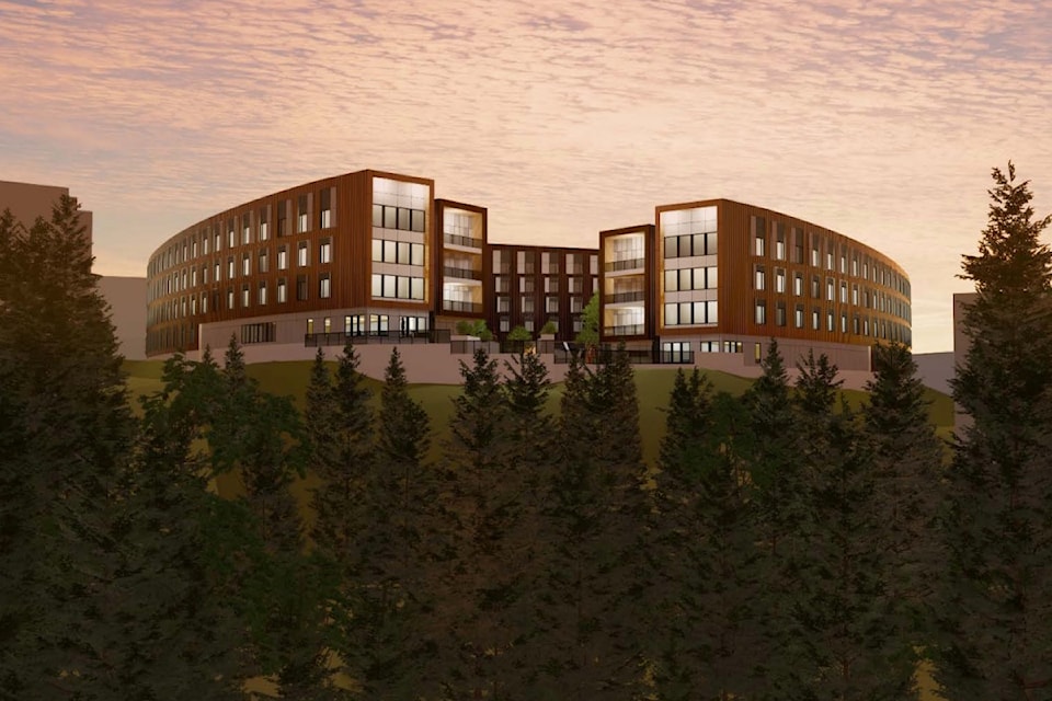 Conceptual rendering of a three building, 450 unit student housing development proposed for 825 Academy Way near the UBCO campus.
