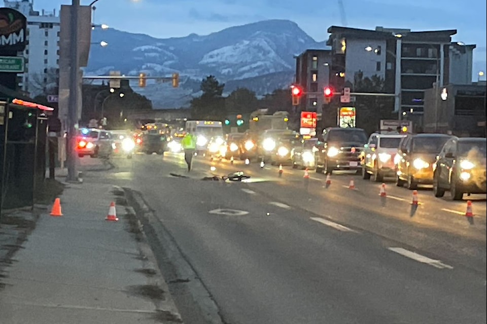 鶹ѡ RCMP investigate at Harvey Avenue and Water Street where a cyclist was struck by a semi-truck around 5:20 a.m. on Wednesday, Dec. 11.