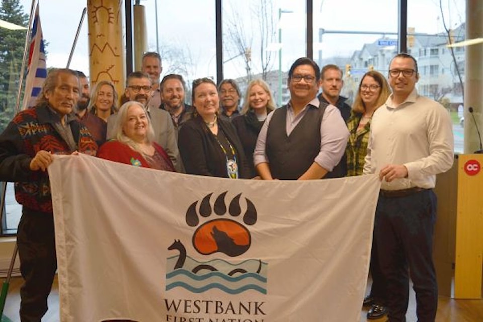 (Front row from left) Elders Grouse and Pamela Barnes are joined by OC’s director of Indigenous relations and reconciliation Rhea Dupuis, student Brent Basil, Anthony Isaac, OC’S Manager of Indigenous Services as well as other dignitaries.