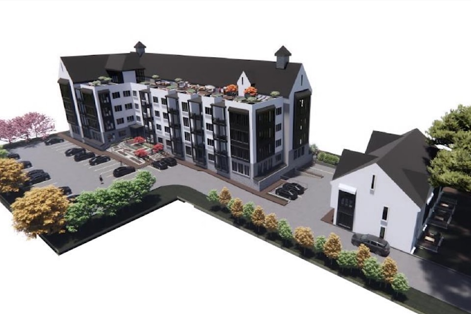 Conceptual rendering of at 67 unit apartment complex, and six town home development proposed at 11583-11615 Bottom Wood Lake Road.