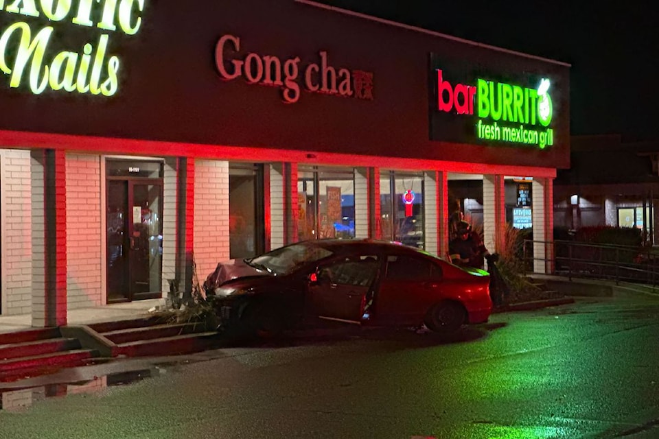 A vehicle crashed into a building following a collision at Harvey Avenue and Gordon Drive the evening of Monday, Nov. 4, 2024.