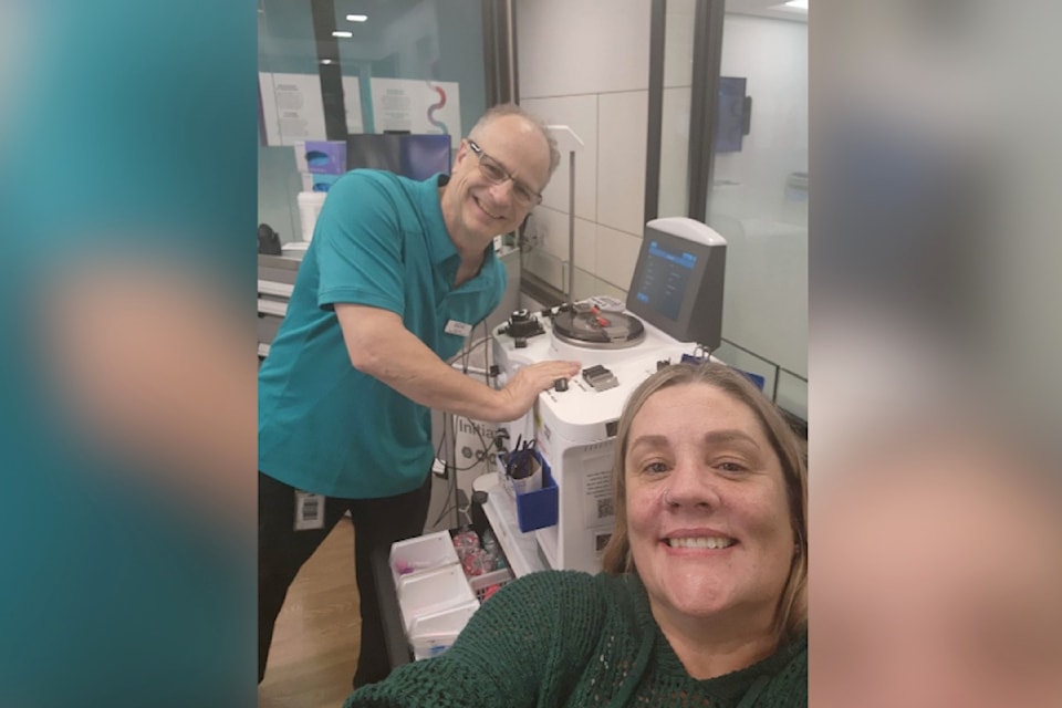 Paule Seeger making a plasma donation in memory of her son Tristan. 