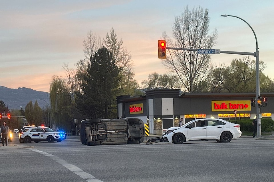 Harvey Avenue is closed northbound at Burtch Road on Thursday, April 17 after a multi-vehicle crash that resulted in one car landing on its side.