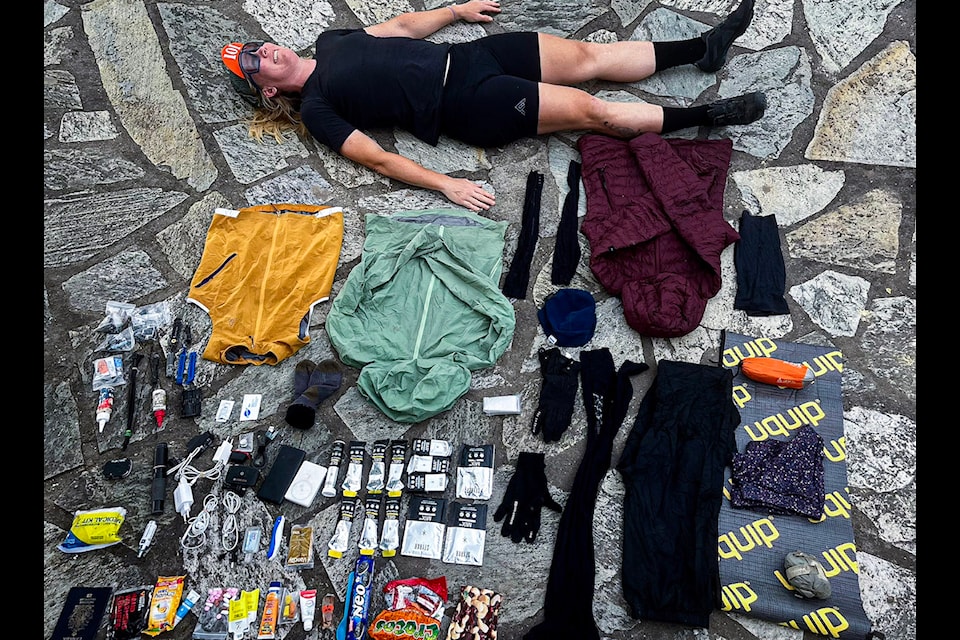 Meaghan Hackinen with all the gear she took on the Hellenic Mountain Bike Race