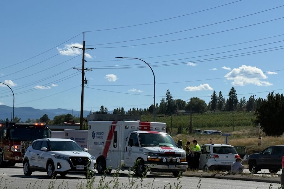 A two-vehicle crash has slowed traffic on Highway 97 north of the 91Ѽ airport on Aug. 20, 2025