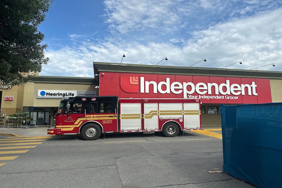 Kelowna firefighters at Peter's Your Independent Grocer for a possible bear spray incident on Monday, Aug. 18, 2025.