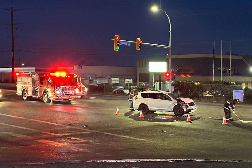 A two-vehicle crash involving a bus occurred at the intersection of Highway 97 and Edwards Road around 6:35 a.m. on Friday, Jan. 31.
