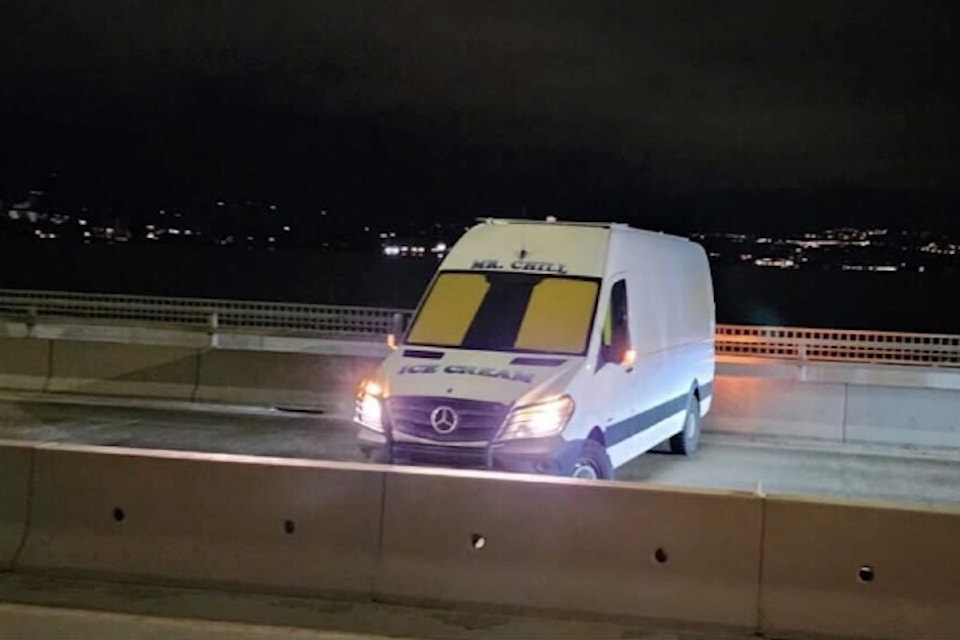Truck blocks Highway 97 on William R. Bridge Monday Morning. 
