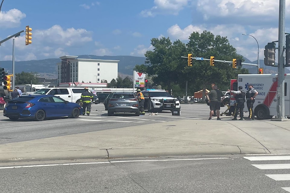 A three vehicle crash slowed traffic at Highway 97 and Leckie Road on the afternoon of July 22, 2025.