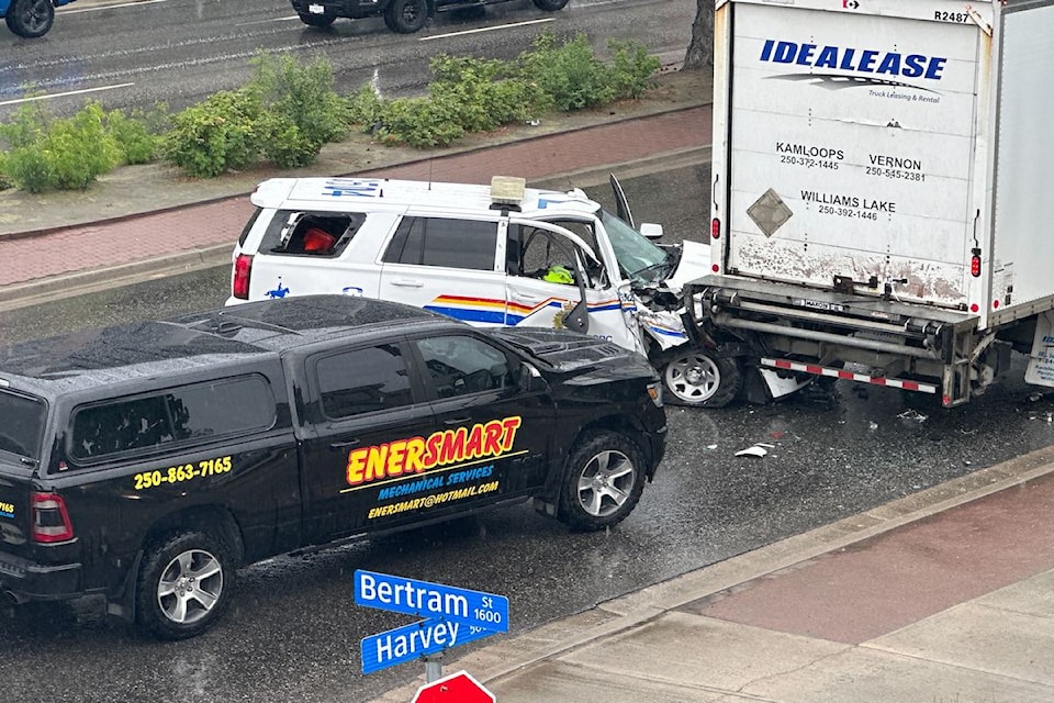 An RCMP vehicle was involved in a crash on Harvey Avenue at Bertram Street on July 14, 2025. An officer was taken to hospital with non-life threatening injuries.