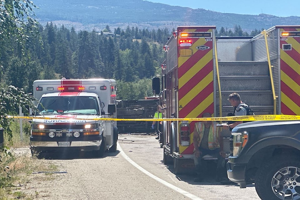 Emergency crews attend the scene of a single-vehicle rollover crash on Swamp Road, near Kanloops Rd. on Tuesday, July 8, 2025.