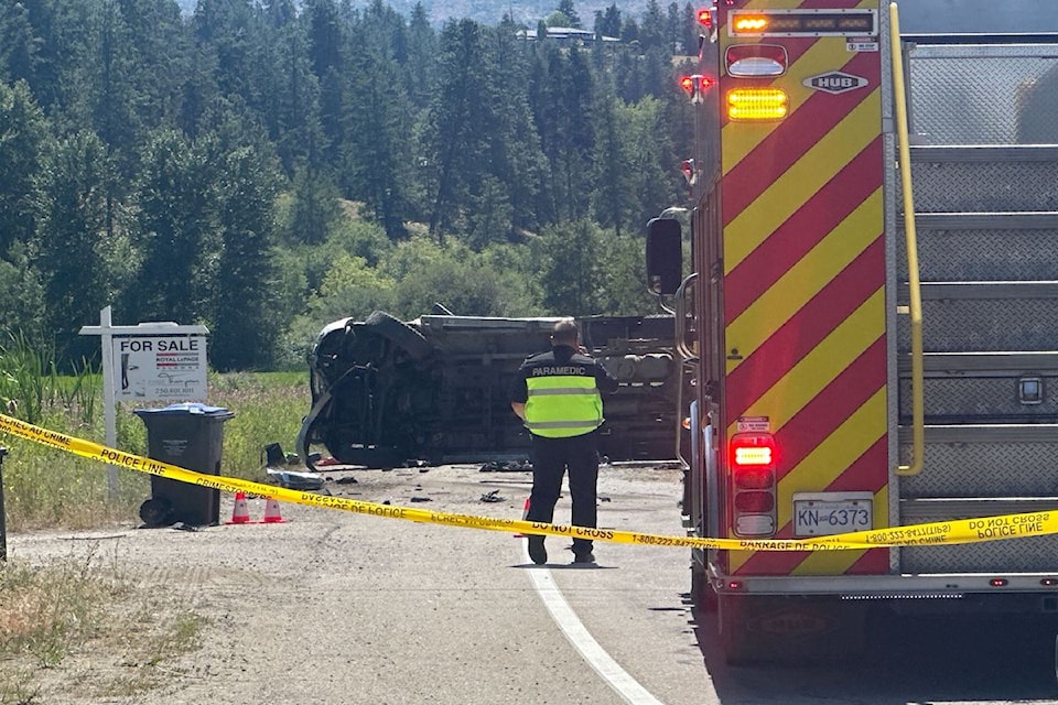Emergency crews attend the scene of a three-vehicle crash on Swamp Road, near Kamloops Rd. on Tuesday, July 8, 2025.