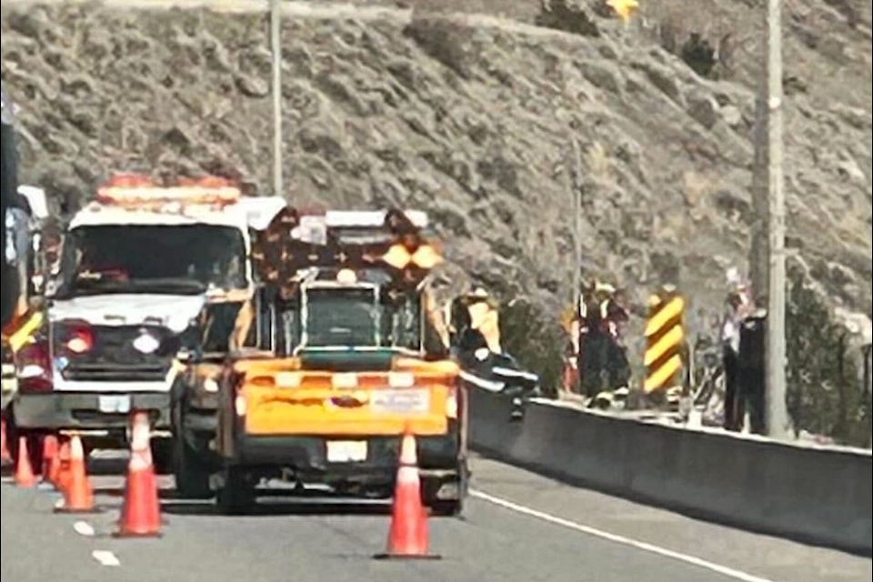 Emergency crews on scene of a vehicle incident on Highway 97 north of Peachland on Mar. 7, 2025.