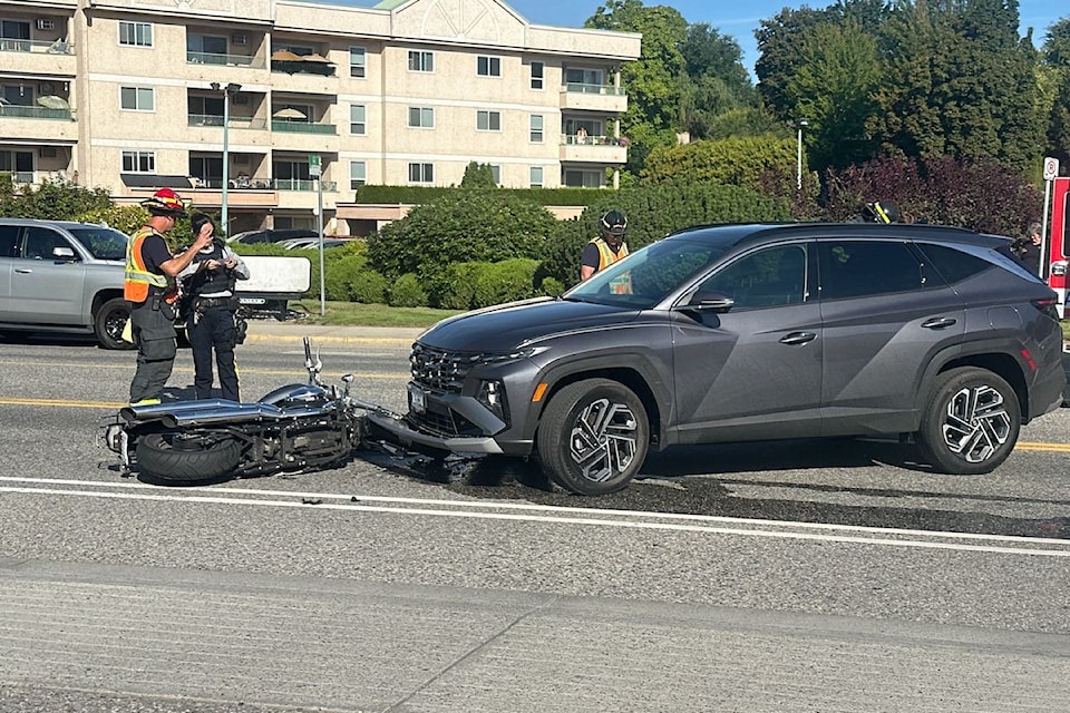A crash between a vehicle and a motorcycle closed Burtch Road north of Highway 97 on Thursday morning, Aug. 21.