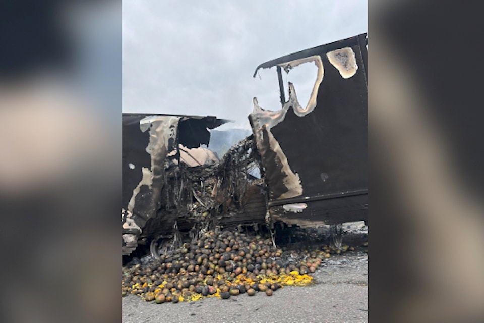Semi-trailer filled with mangos up in smoke on Coquihalla. 