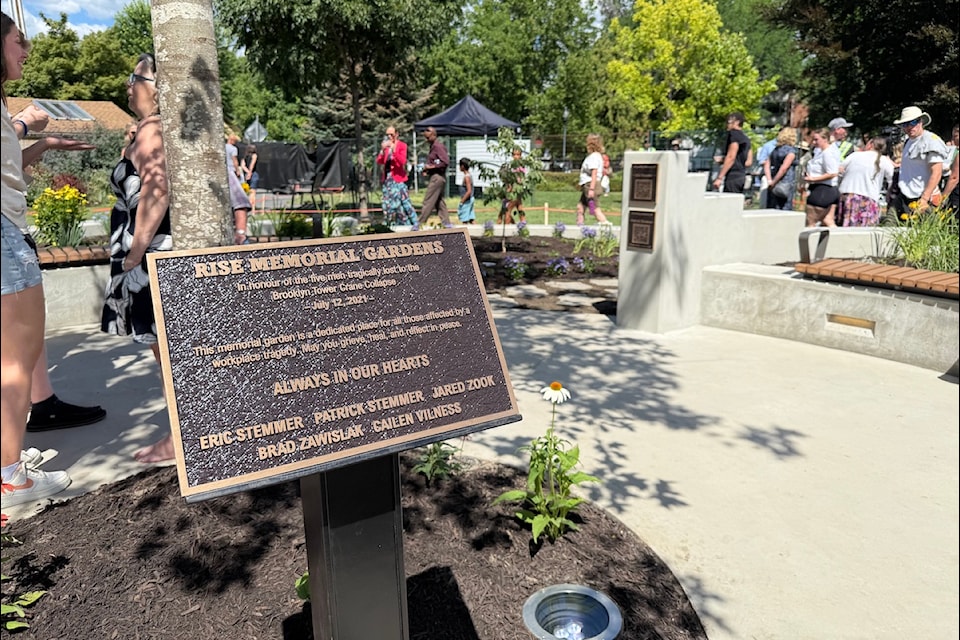 The Rise Memorial Garden at Knowles Heritage Park, honouring the five men who lost their lives when a crane collapsed in downtown Kelowna in 2021, opened to the public on Saturday, July 12, the four year anniversary of the tragedy.