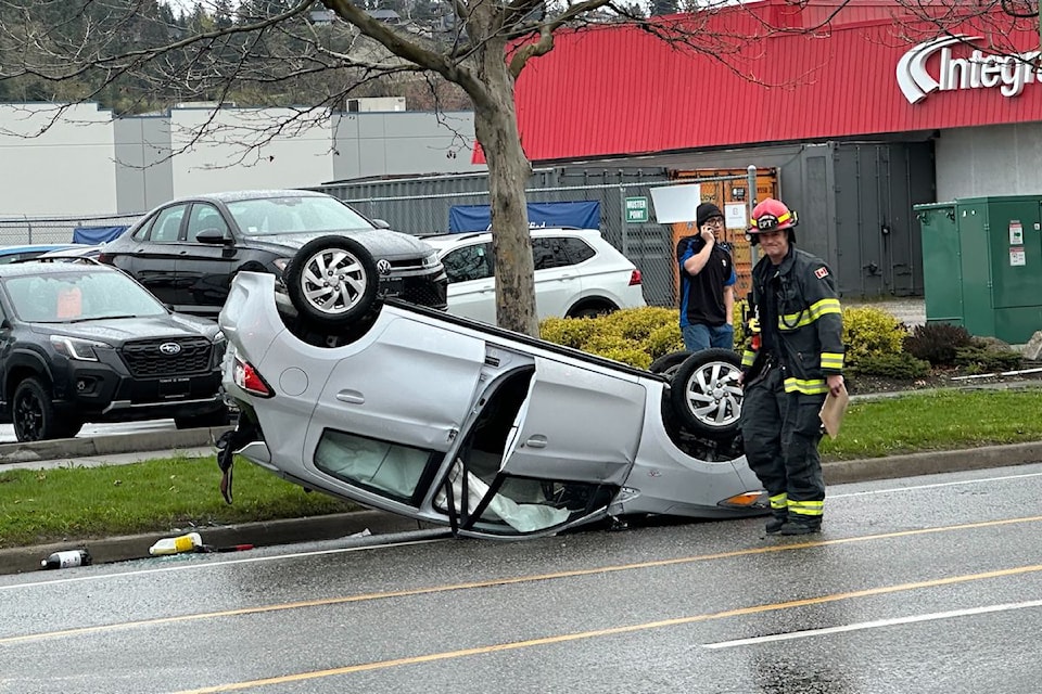 A vehicle flipped onto its roof as part of a two-vehicle collision that happened on 鶹ѡ's Enterprise Way on Saturday morning, April 12.