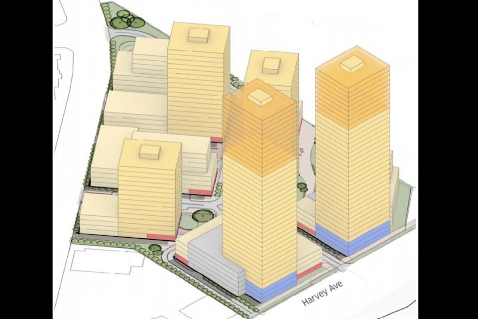 Conceptual drawings of a major residential-commercial development at Harvey Avenue and Burtch Road.