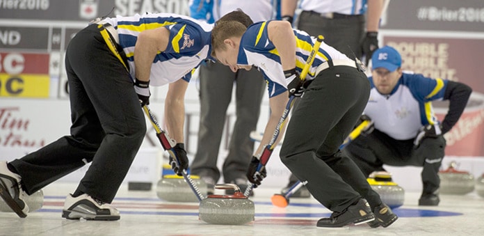 Ottawa Ont.Mar 8, 2016.Tim Hortons Brier.B.C. skip Jim Cotter, lead Rick Sawatzky, second Tyrel Griffith, Curling Canada/ michael burns photo