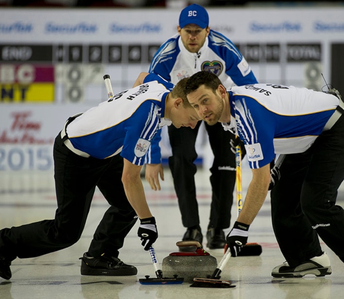 2015, Calgary Ab, Tim Hortons Brier, B.C. skip Jim Cotter,lead Rick Sawatzky, second Tyrel Griffith, Curling Canada/michael burns photo