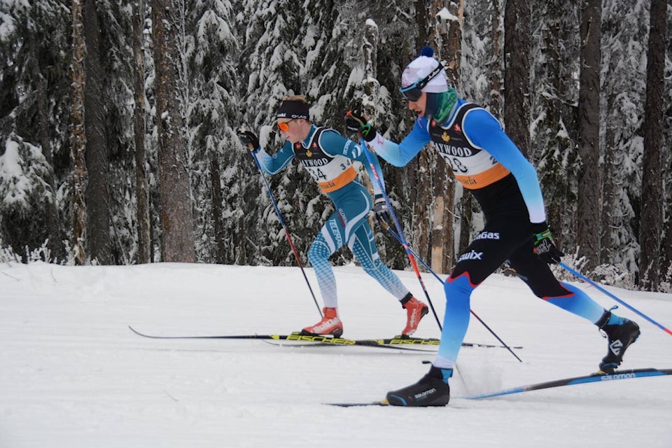 Skiers race at the NorAm at Sovereign Lake Nordic Centre. Photo: David Webster