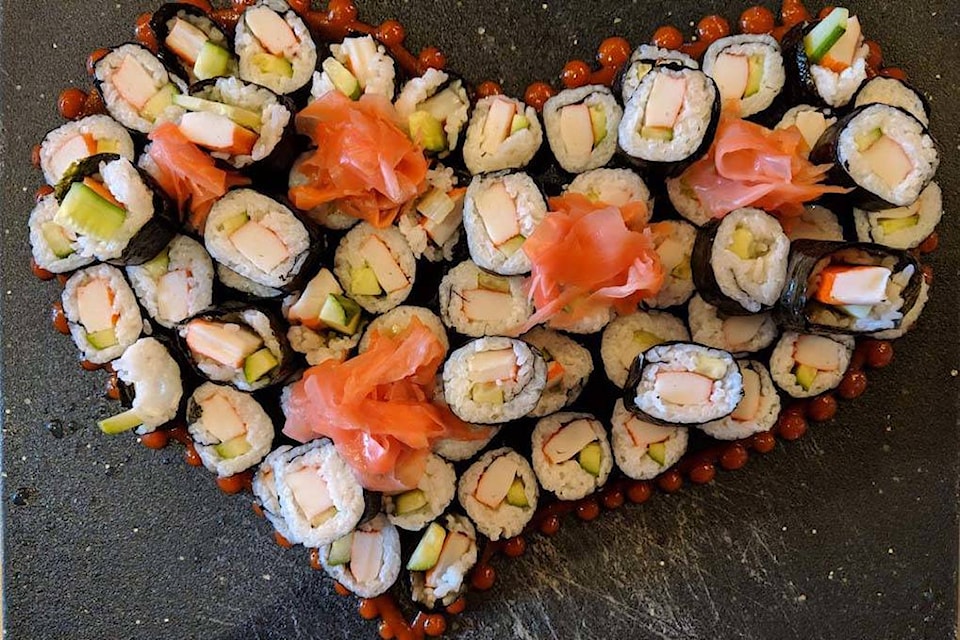 A sushi heart created by Salt and Brick chef, James Holmes for the employees at the Lululemon on Bernard Avenue Tuesday photo: contributed