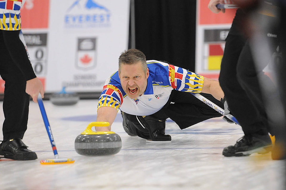 Steve Waatainen of Team B.C. goes up against Team Yukon during the 2019 Everest Canadian Senior Curling Championships at the Chilliwack Curling Club on Sunday. (Jenna Hauck/ The Progress)