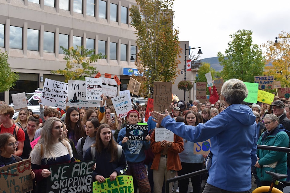 Approximately 250 to 300 students and adults gathered outside of Penticton’s city hall to participate in the global Climate Strike championed by Swedish environmental teen activist Greta Thunberg. The message advocated by attendees was clear, they want climate action now. (Brennan Phillips - Western News)