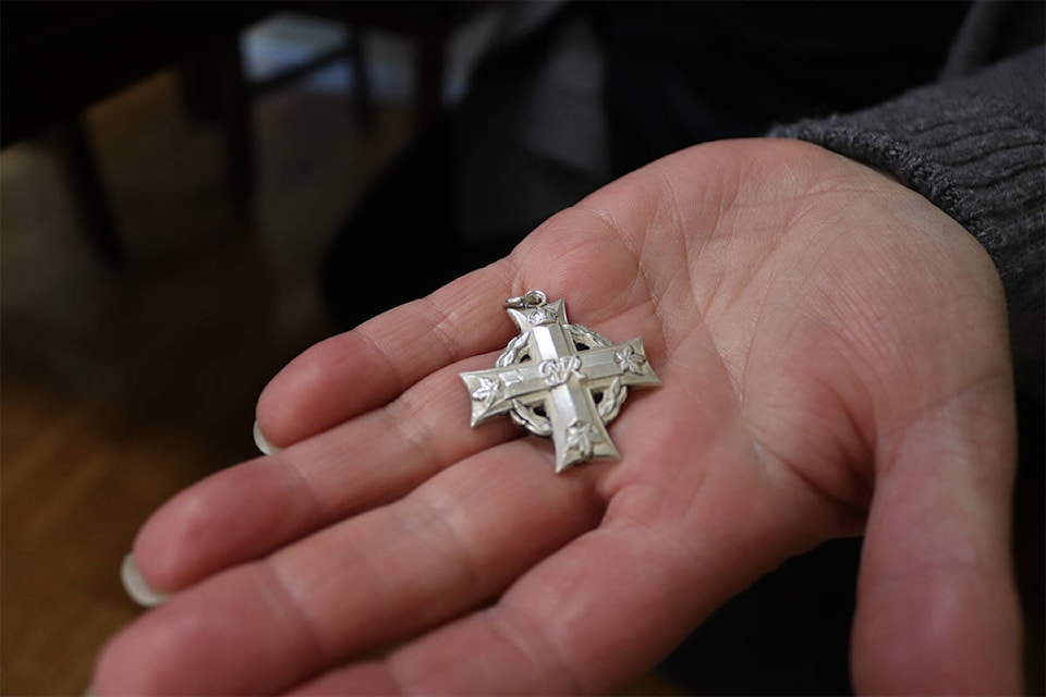 Vernon resident Heather Neill found this Memorial Cross medal in a discarded jewelry box near her home years ago. (Brendan Shykora - Morning Star)
