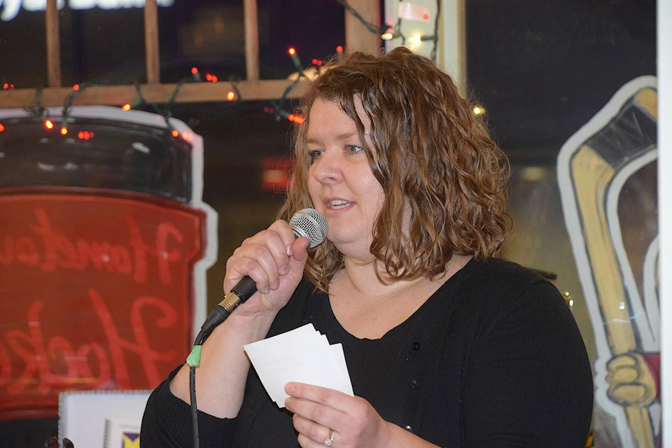 Paige Hilland with the SAFE Society MC’s the early celebration of International Women’s Day at the Shuswap Pie Company on March 5. When thanking everyone for their support, she said it’s important to continue to mark the day and to ask important questions about equality. She closed with the saying: “Here’s to strong women. May we know them, may we be them, may we raise them.” (Martha Wickett - Salmon Arm Observer)