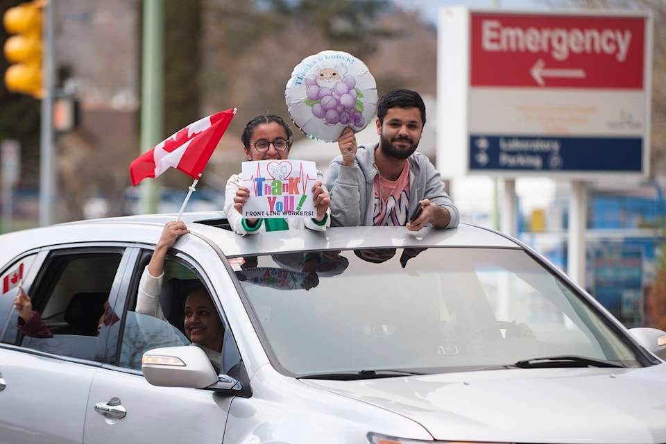 Members of Kelowna’s Sikh community went out, horns blaring, to the streets in front of Kelowna General Hospital on April 14 at 7 p.m. — the now nationally recognized shift change for health-care workers. (Michael Rodriguez - Kelowna Capital News)