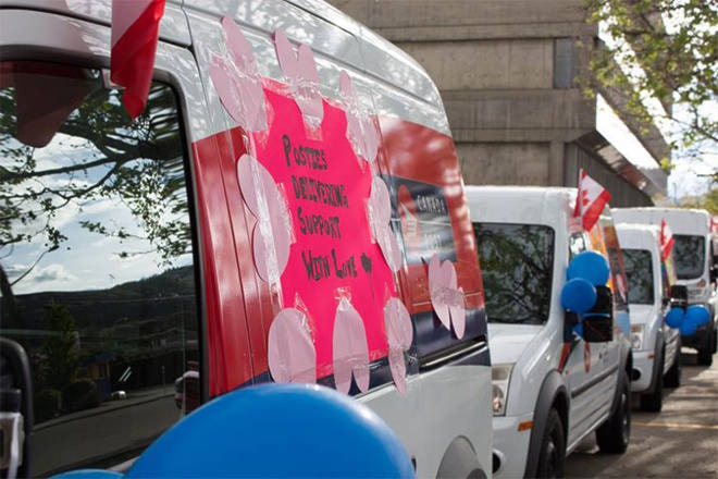 Canada Post employees staged an appreciation parade for healthcare workers past the Vernon Jubilee Hospital Thursday, May 14, 2020. (Derek Charlton photo)