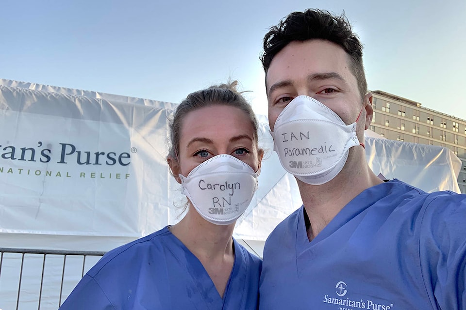 Ian and Carolyn Larratt outside the Samaritan’s Purse-run field hospital in Cremona, Italy. (Contributed)
