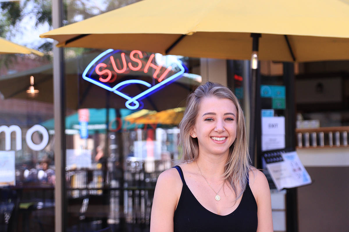 Head server at Bernard Ave’s Momo Sushi, Dev Strilchuk, said customers love eating on the restaurant’s outdoor patio. (Laurie Tritschler - Black Press Media)